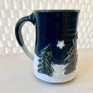 Studio Mug Art Pottery Winter Snow Scene PineTree Coffee Tea Signed